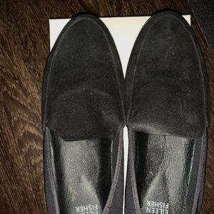 Eileen Fisher black suede/microfiber wedge loafers, size 8.5